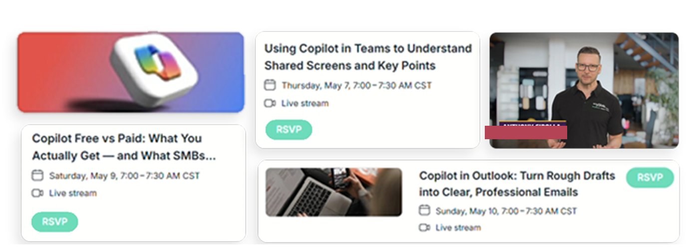 Webinars and Events feature showing an upcoming events list and registration details